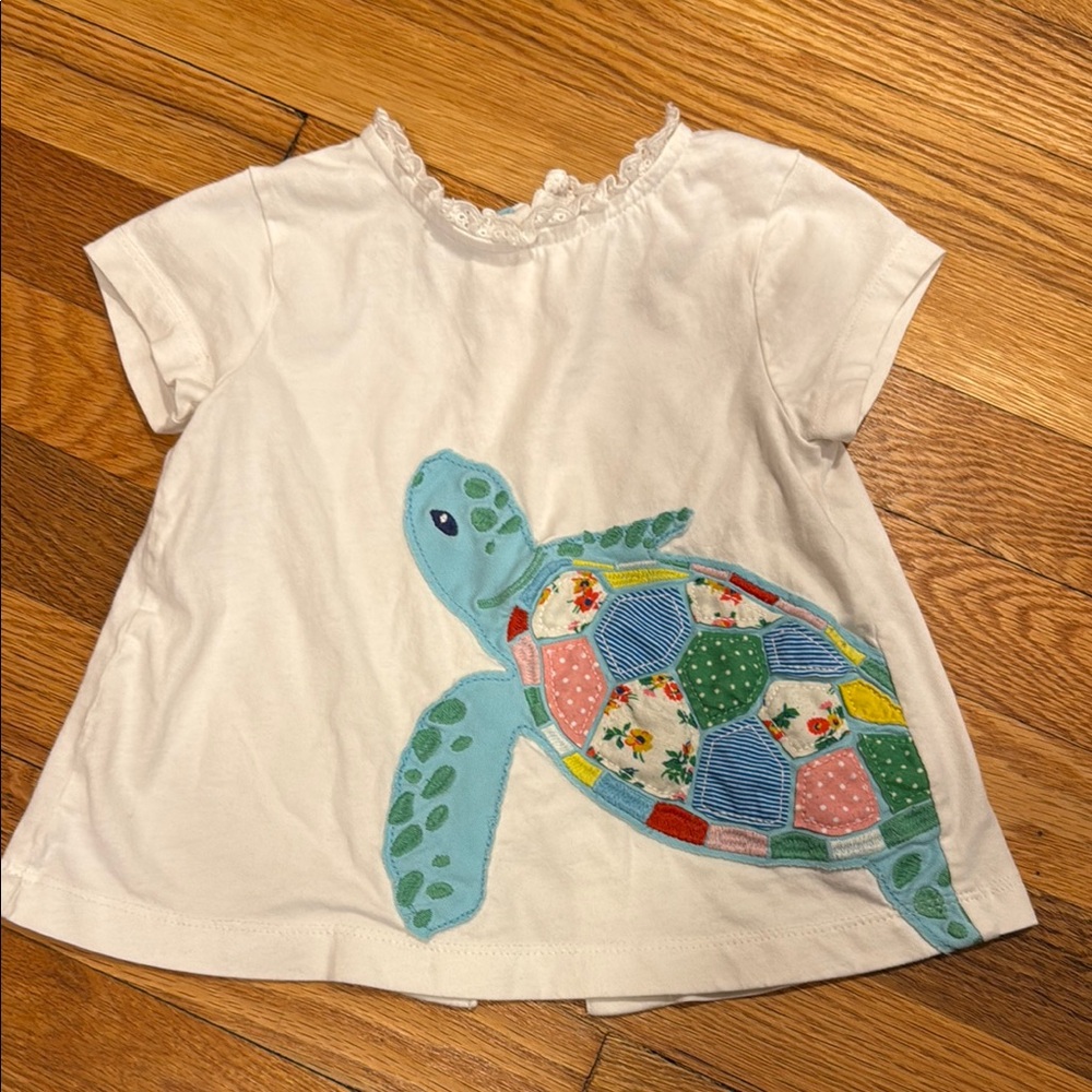 Baby Boden Turtle Appliqué White T-Shirt